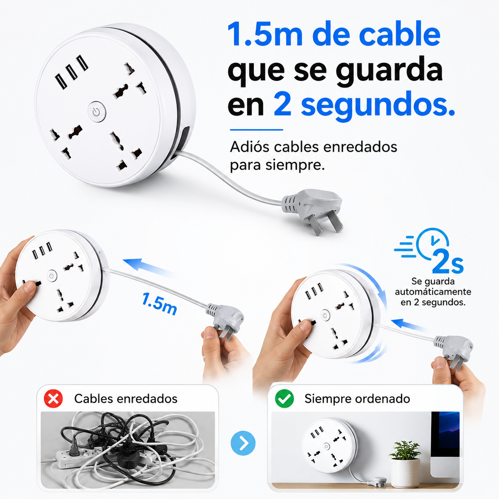 Carga 6 Dispositivos a la Vez - Regleta Compacta Cable Retráctil